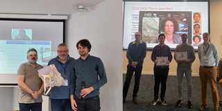 Picture of Martin Bieker with selection of the Technical Award Committee (left) and picture of Alessandro Scarabotto alongside other Thesis Award winners and selection of the award committee (right)